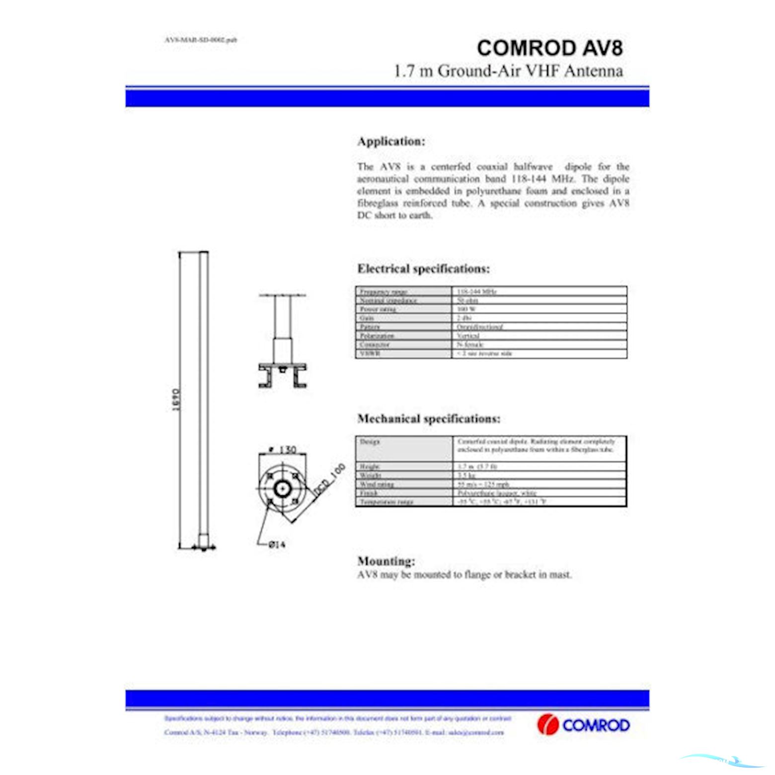 Comrod Antenna Vhf AV8 1.7 m 2 Dbi 118-144 Mhz