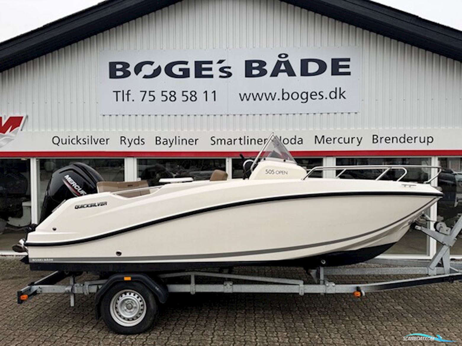 Quicksilver Activ 505 Open Med 100 hk Mercury-Efi 4 Takt 2,1L og 1300 kg Brenderup Bådtrailer Motorbåd 2020, med Mercury motor, Danmark