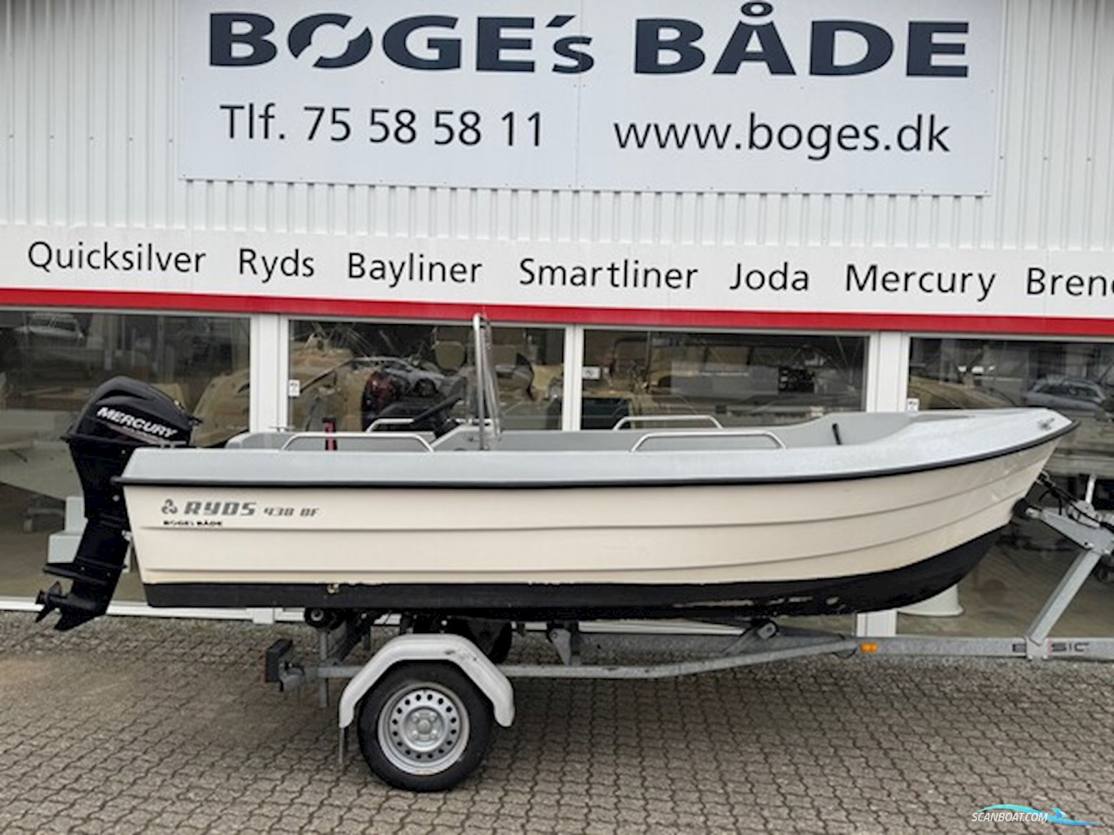 Ryds 438 BF Big Fish Med F20 Mercury Elpt 4 Takt og 500 kg Brenderup Bådtrailer Motorbåd 2017, med Mercury motor, Danmark