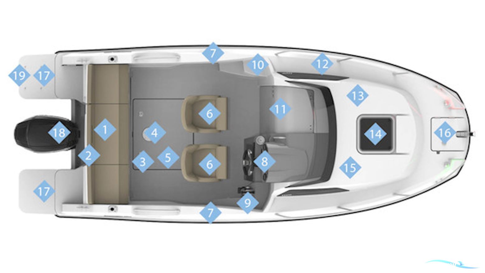 Flot Quicksilver 555 med Mercury 100 HK CT, kun 93,6 timer, SmartCraft, Simrad GO7, Fusion lydanlæg, køleskab og Flexiteak. Velholdt og vinteropbevar