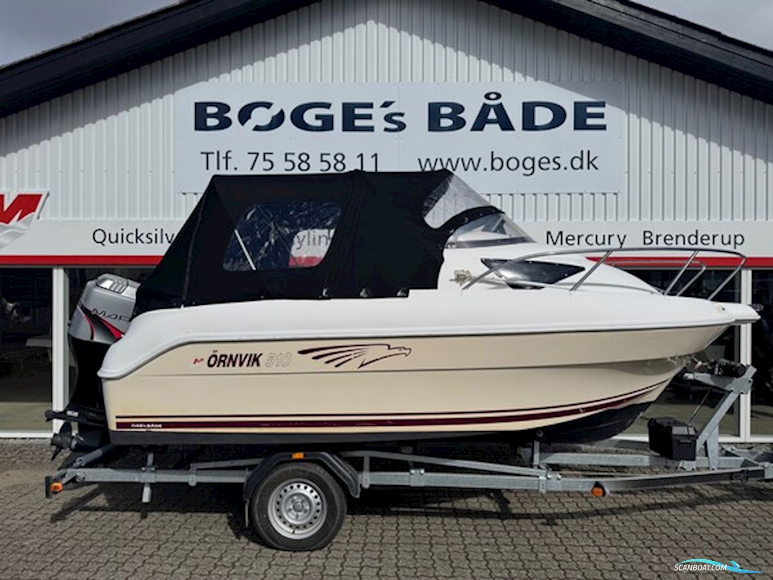 Ørnvik 510 Cruiser Med F75 Mariner 4 Takt 1,6L og 1300 kg Brenderup Bådtrailer Motorboten 2003, met Mariner Mercury motor, Denemarken