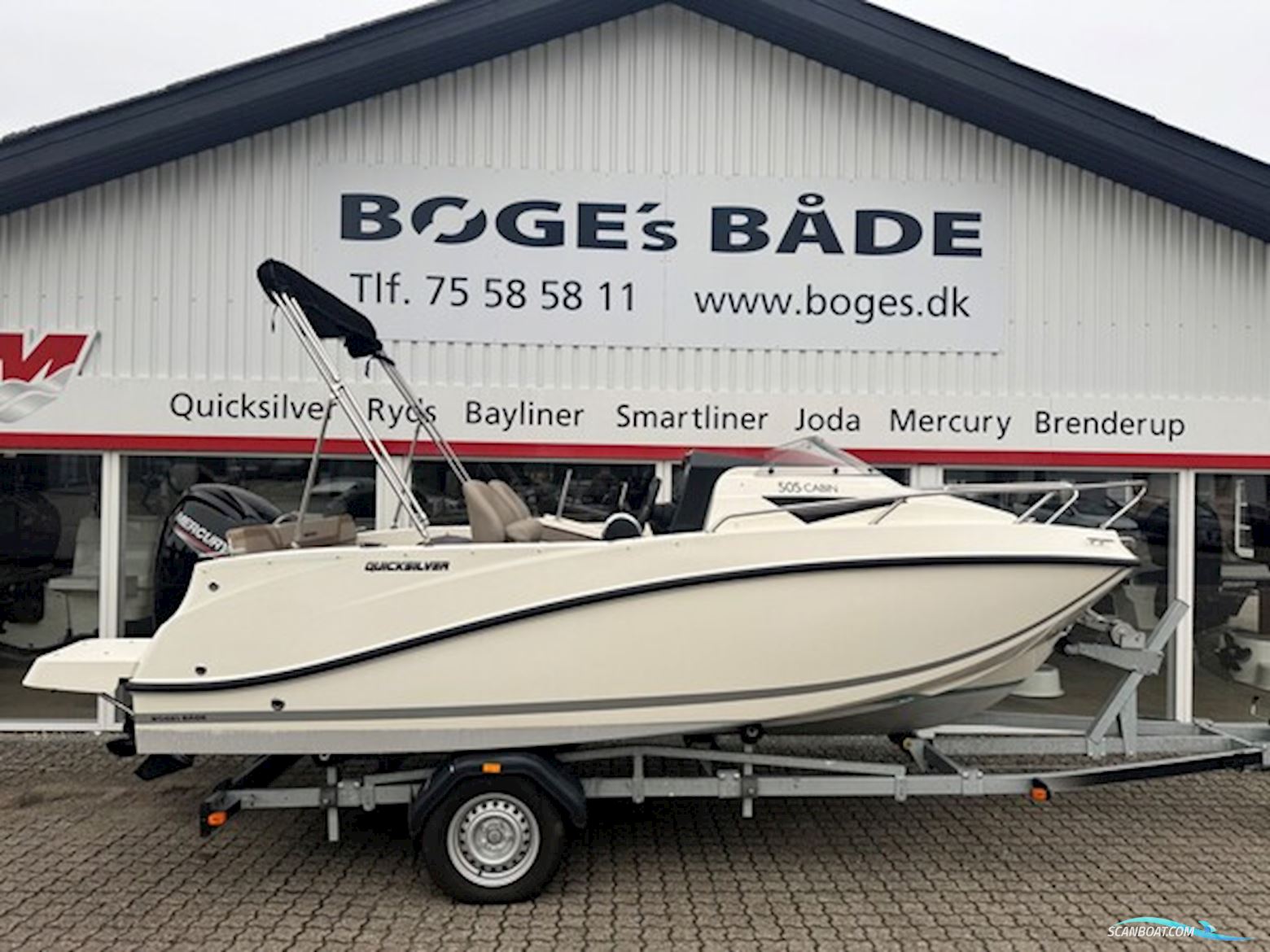 Quicksilver Activ 505 Cabin Med 100 hk Mercury-Efi 4 Takt CT 2,1L og 1300 kg Brenderup Bådtrailer Motorboten 2022, met Mercury motor, Denemarken