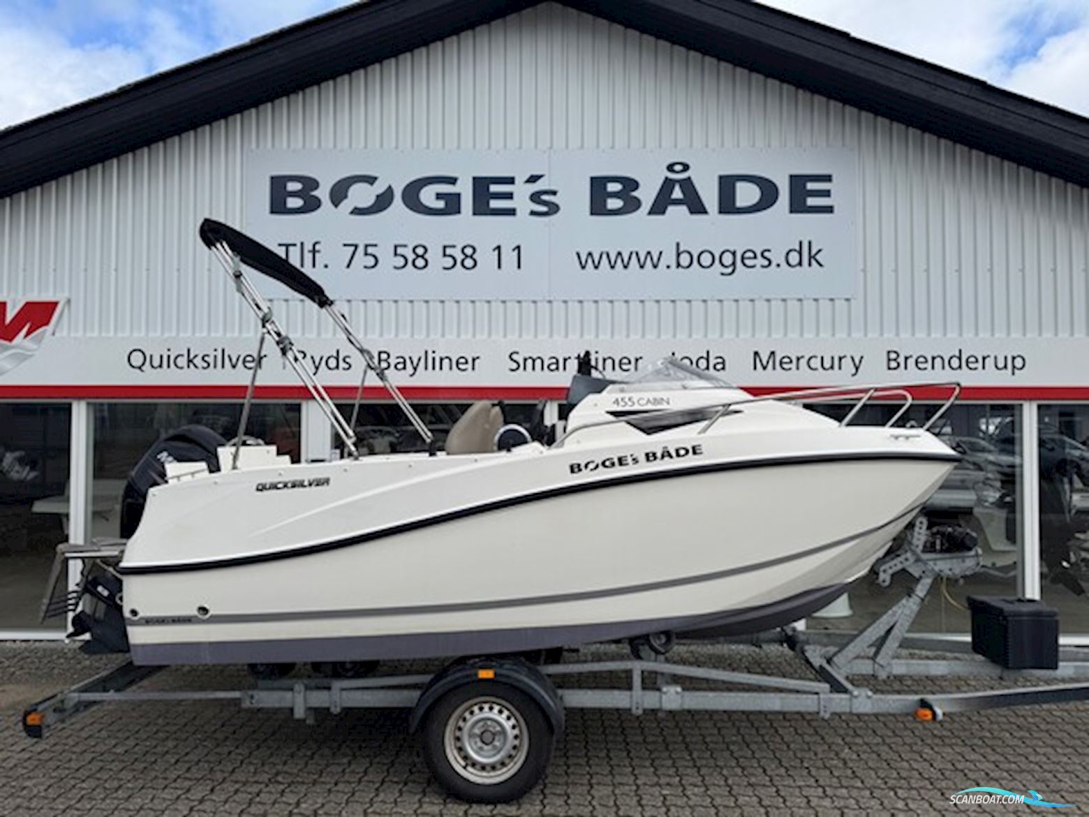 Quicsilver Activ 455 Cabin med F60 Mercury-EFI og 1000 kg Brenderup bådtrailer Motorboten 2016, met Mercury motor, Denemarken