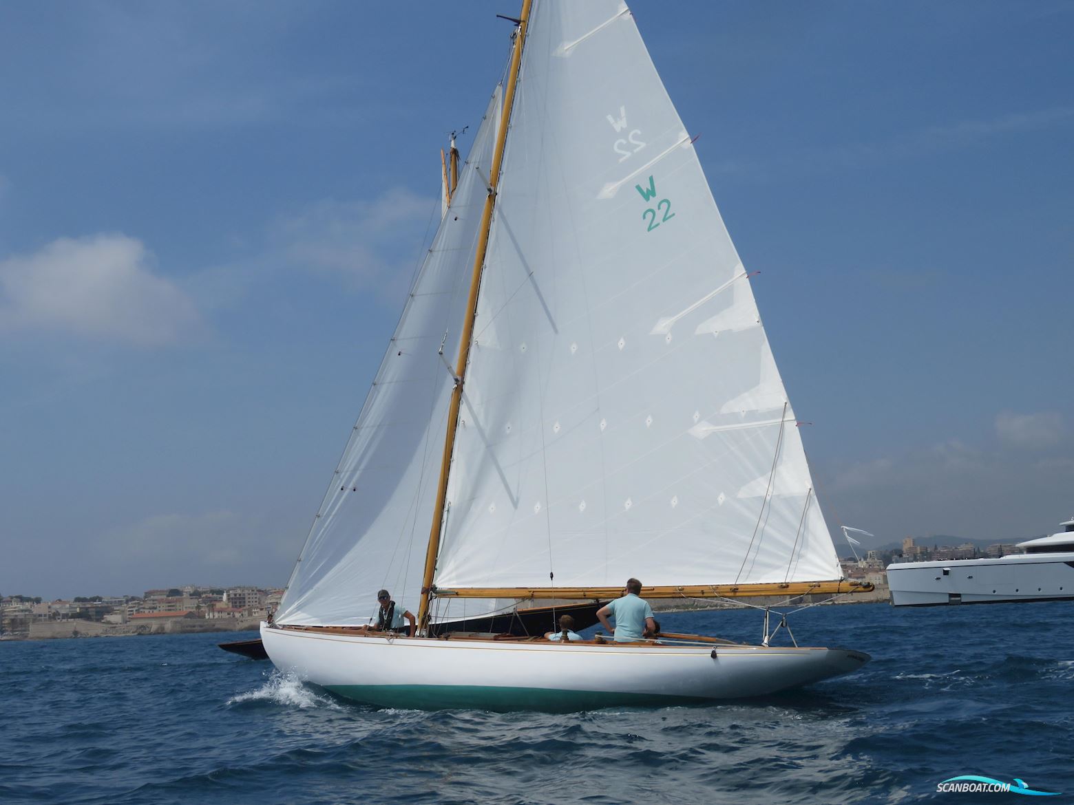 Classic Yacht West Solent One Design Sailing boat 1927, with Small Petrol Outboard engine, France