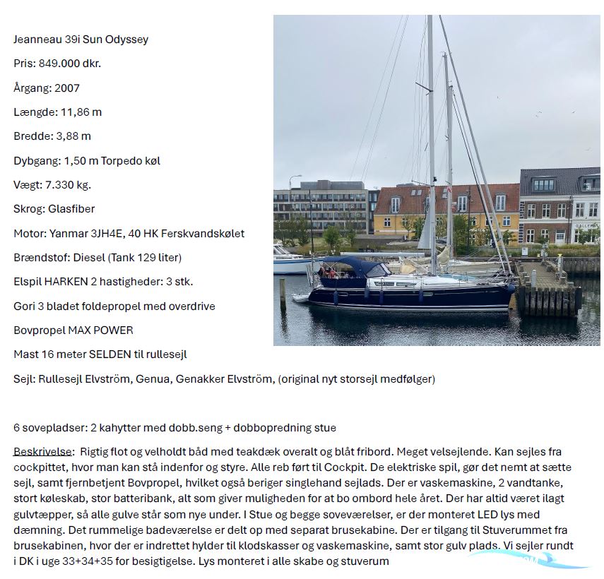Jeanneau 39i Sun Odyssey Sejlbåd 2007, med Yanmar motor, Danmark